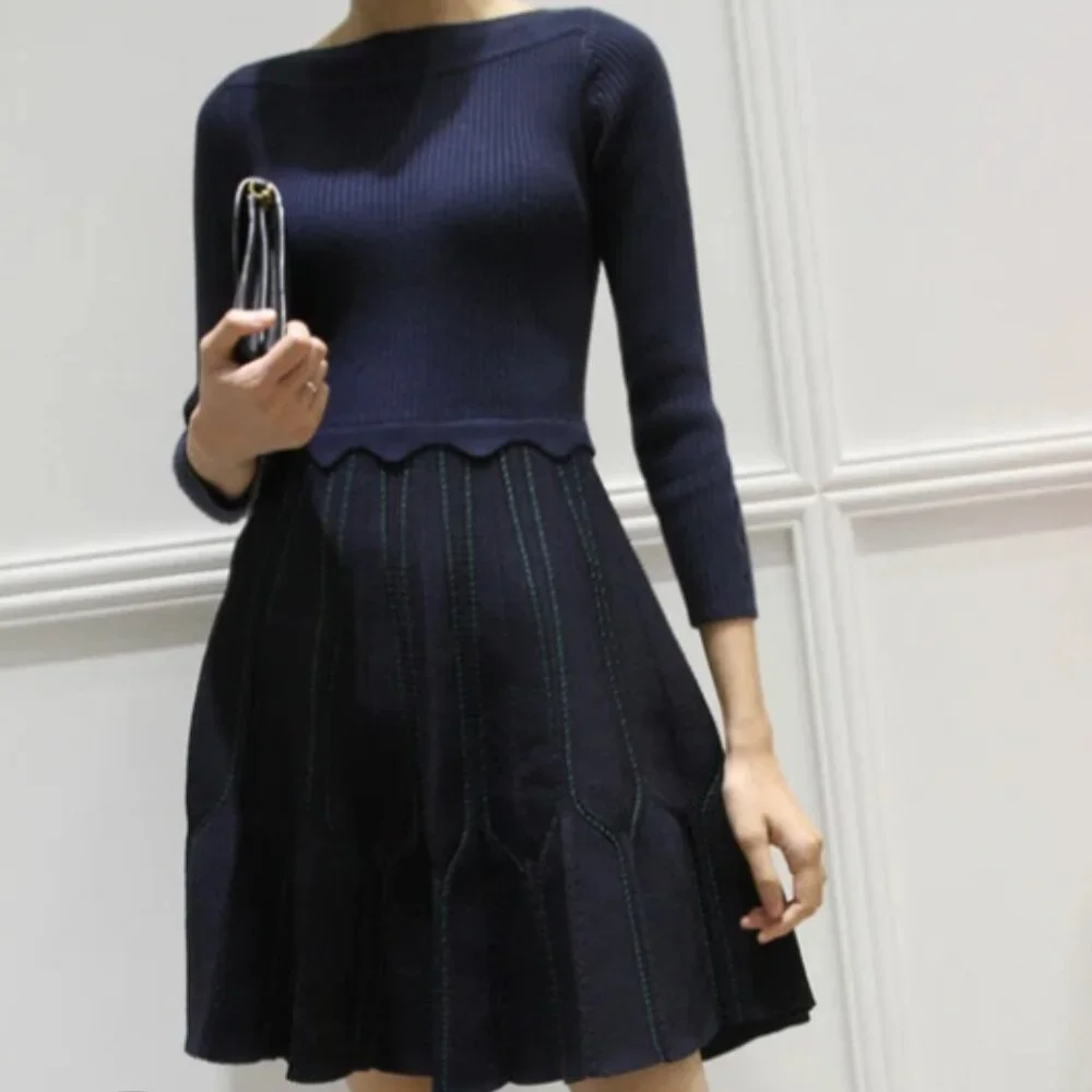 Sandro Paris Ribbed Knit Pleated Fit&Flare Pointell Dress Boatneck size 38 - Picture 1 of 10